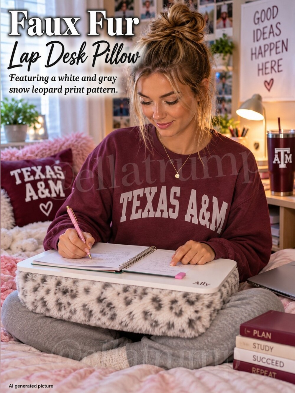 Ally Faux Fur Lap Desk Pillow white gray Snow Leopard print pattern 17x13x4.5"
